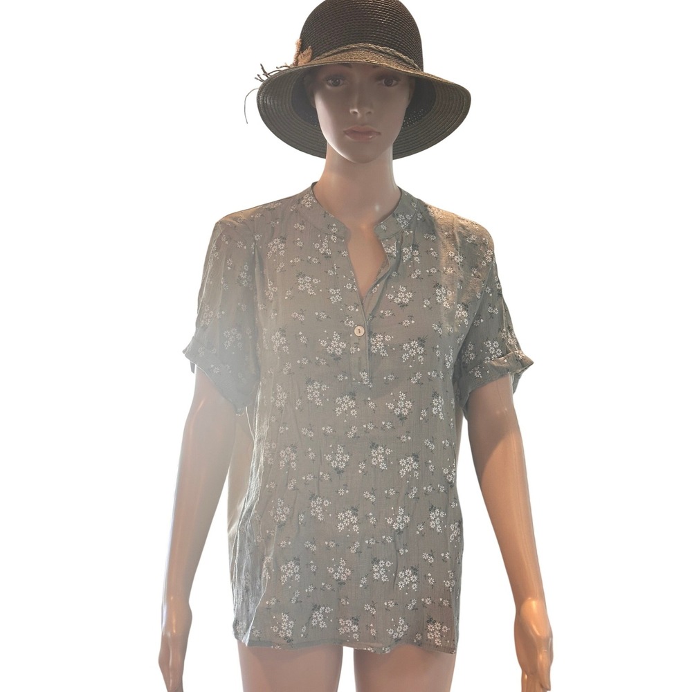 Sapphire Floral Mixed Media‎ Blouse Olive Green Short Sleeve Pleated Back XL